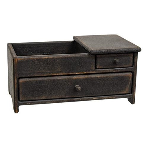 Mini Dry Sink With Drawers is a USA made wood box with two drawers and a weathered black finish for a primitive look. Box has a recessed top for holding a basin or pitcher of water and it measures 6.5" high by 13.5" wide by 7.5" deep. See website for free shipping offer. Primitive Country Farmhouse Home Decor.