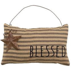 Blessed Ticking Stripe Pillow Ornament w/Rusty Star