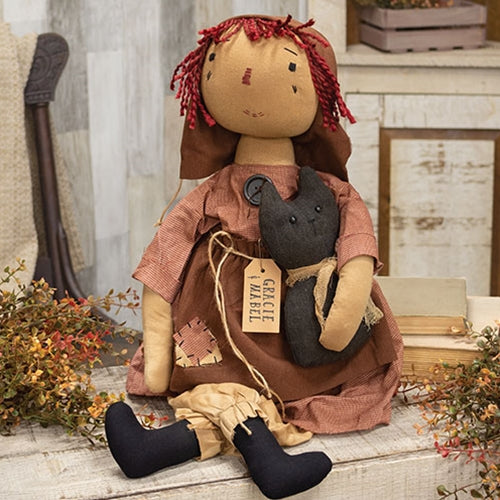 Primitive Gracie Doll with Mabel the Cat, 28.5" tall. Handmade fabric doll with red yarn hair, muted red dress, black boots, and plush black cat accent.