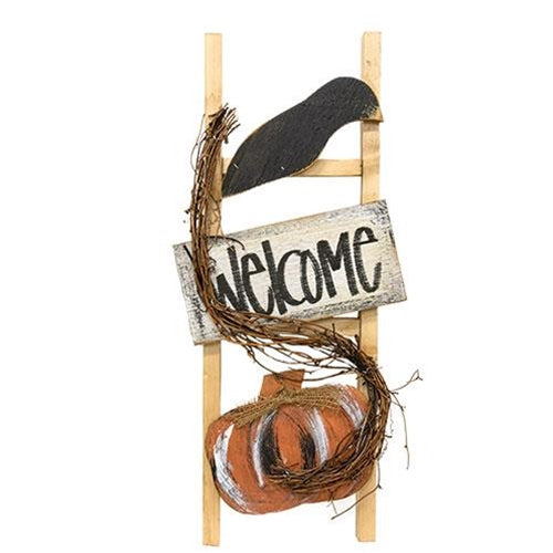 Add primitive charm to your fall home with the Pumpkin & Crow Welcome Ladder. Features a crow, pumpkin, and “Welcome” sign on a rustic wooden ladder. Perfect for porches, entryways, or farmhouse décor.