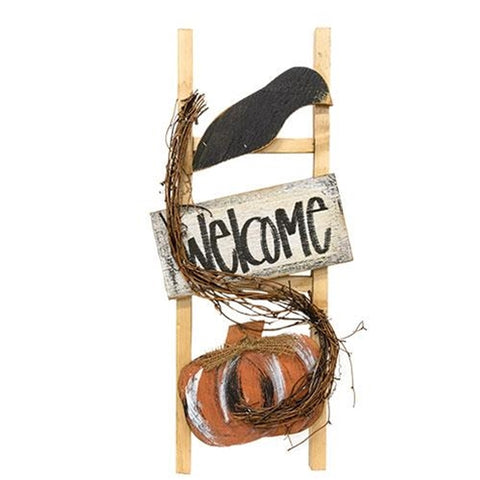 Add primitive charm to your fall home with the Pumpkin & Crow Welcome Ladder. Features a crow, pumpkin, and “Welcome” sign on a rustic wooden ladder. Perfect for porches, entryways, or farmhouse décor.