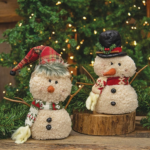 Stuffed Standing Sherpa Hat & Scarf Snowman, Set of 2