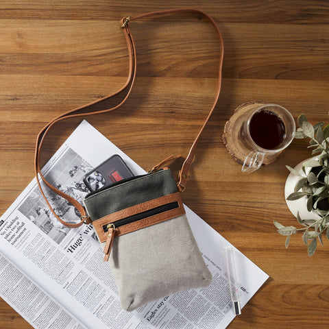 This crossbody is the perfect size to keep your items secure when you're on the go. Made from durable re-milled and up-cycled military tarps & tents used by the army, covering trucks as tarps and providing shelter as tents, this textile is given new life.
