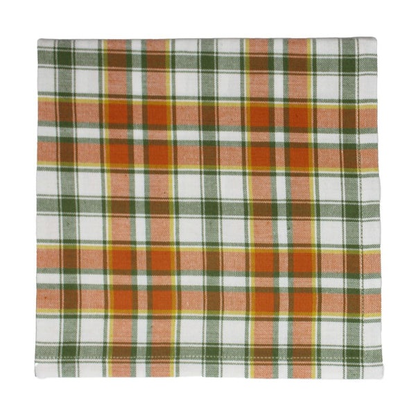 Fall plaid napkin with orange, sage, and gold pattern for farmhouse dining table.