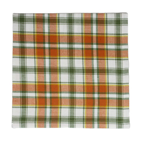 Fall plaid napkin with orange, sage, and gold pattern for farmhouse dining table.