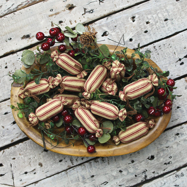 Bring holiday cheer with our Peppermint Candy Fills set of 12. Cotton ornaments add festive charm to bowls, jars, or trees. Primitive Country Christmas.