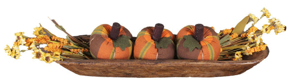 Set of 3 small plaid fabric pumpkins in orange, yellow, green, and brown tones, perfect for farmhouse and fall decorating.