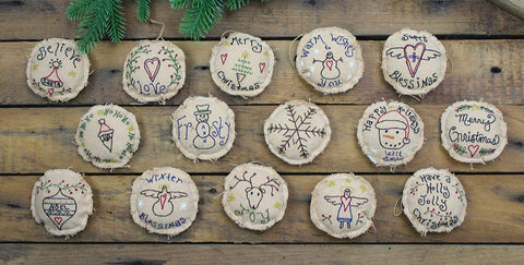 Circle Embroidered Ornaments - Set of 15. Our Multi Circle Embroidered Set of 15 ornaments is made of cotton. Each ornament approximately measures 3" in diameter. See website for free shipping offer. Primitive Country Farmhouse Home Decor. 