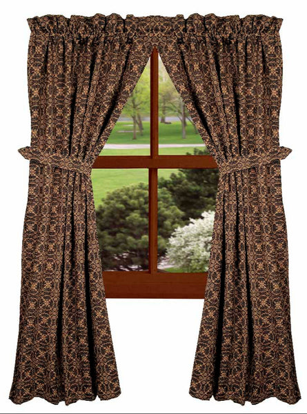Marshfield Jacquard Black Panels 72x63 set of 2. Woven black and tan jacquard fabric adds primitive, colonial, and farmhouse style to any window.