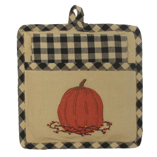 Primitive Pumpkin & Bittersweet Fall Potholder with black-and-nutmeg check border, 9"x9", farmhouse style