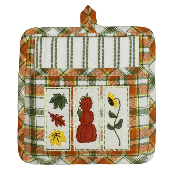 Fall Harvest Sampler embroidered cotton potholder set with pumpkins, leaves, and sunflower designs.