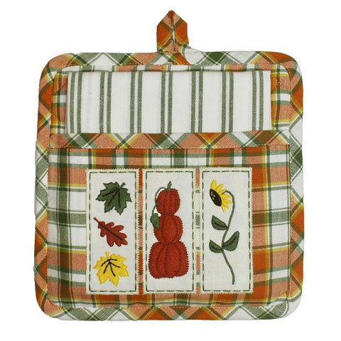 Fall Harvest Sampler embroidered cotton potholder set with pumpkins, leaves, and sunflower designs.