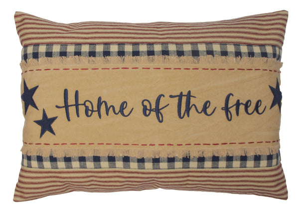 Home of the Free patriotic pillow with barn red, navy, and nutmeg embroidery for farmhouse and country décor
