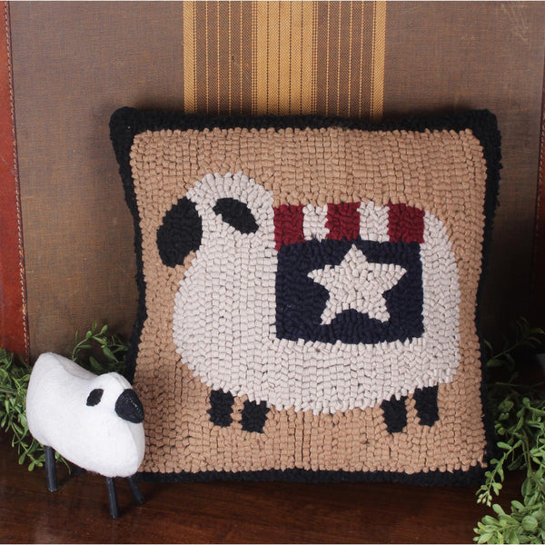 Liberty Sheep Hooked Pillow. Visit website for FREE s/h & discount offers. Primitive Country Farmhouse Home Decor.