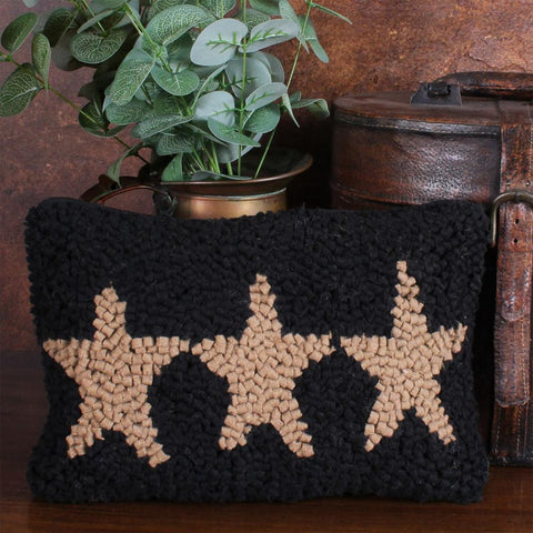 Three Star hooked Pillow 8x12 Black