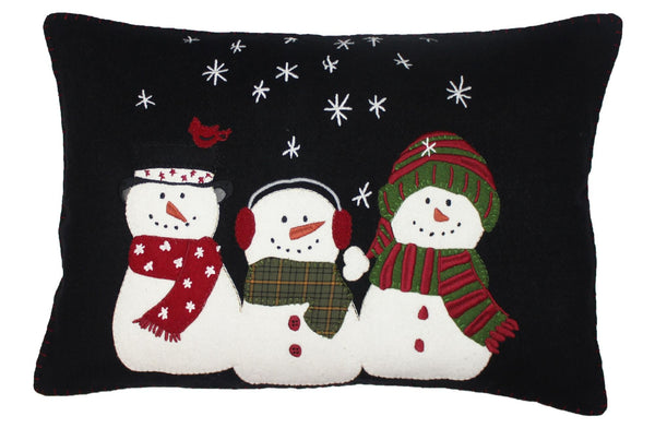 Add cheerful winter charm with a 14x20 black lumbar pillow featuring appliqué snowmen, snowflakes, and a red cardinal. Cozy farmhouse Christmas accent.

URL Handle: snow-friends-lumbar-pillow-14x20