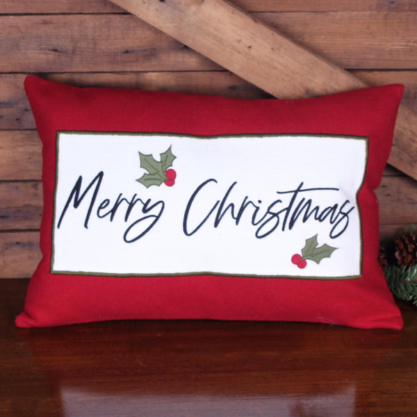 Classic red & cream 14x20 lumbar pillow with “Merry Christmas” script and holly accents. Perfect for chairs, benches, and beds—cozy farmhouse holiday décor.