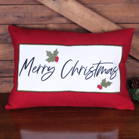 Classic red & cream 14x20 lumbar pillow with “Merry Christmas” script and holly accents. Perfect for chairs, benches, and beds—cozy farmhouse holiday décor.