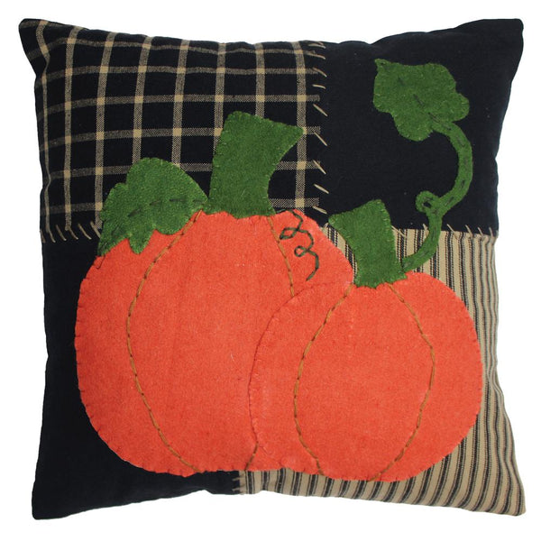 Pumpkin Patchwork Pillow, orange pumpkins on black and neutral patchwork, 14x14 farmhouse fall pillow

