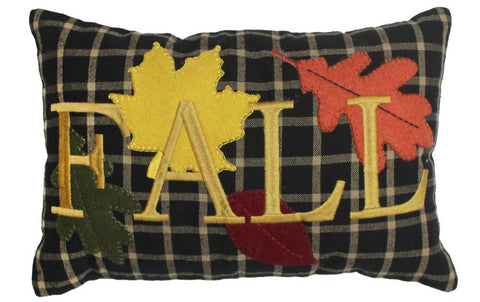 Black plaid fall pillow with colorful leaf applique and “FALL” lettering.