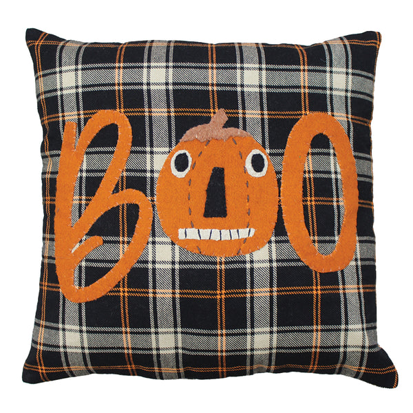 “16-inch black plaid farmhouse pillow with pumpkin ‘Boo’ design – Primitive Fall Plaid Black Pillow”