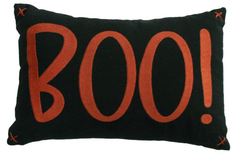 Small black pillow with orange “Boo” lettering, rustic farmhouse Halloween accent.