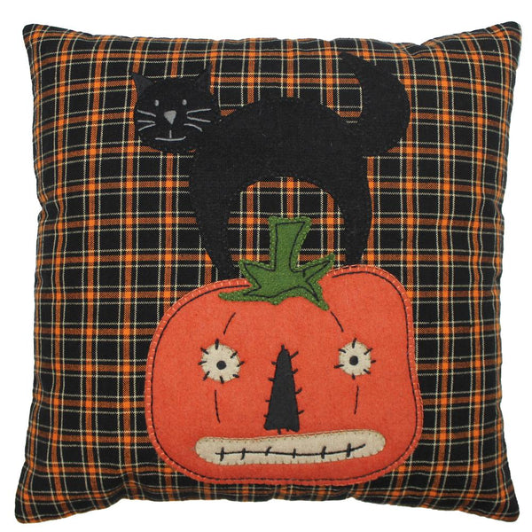 Black plaid pillow with orange pumpkin and black cat applique, farmhouse Halloween décor.