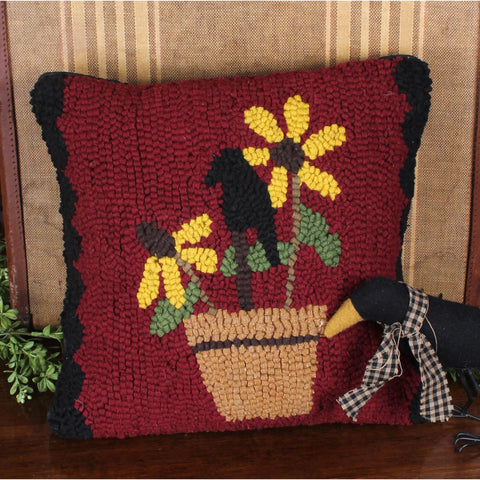 Crow Flowers Pot Hooked Pillow. Visit website for FREE s/h & discount offers. Primitive Country Farmhouse Home Decor.