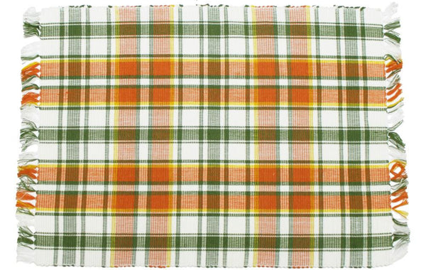 Set of six cotton placemats in orange, sage, and gold plaid, perfect for farmhouse autumn table décor.
