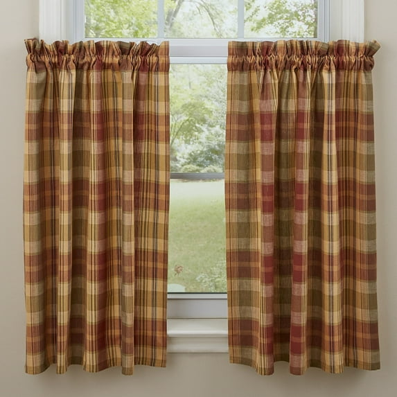 Add warmth and farmhouse charm with the Saffron Plaid Tiers. Measuring 72x24, these rustic red, sage, blue & butter curtains bring cozy country style to your windows.