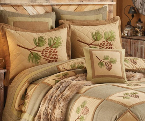 Add a splash of country flair to your quiet place with this Pineview King Sham! The pine cone & bough motif take center stage amidst a quilted background, oozing outdoorsy appeal! Rest easy with this country-lovely sham! Complete the look with the Pineview King Bed Skirt and Pineview King Quilt!