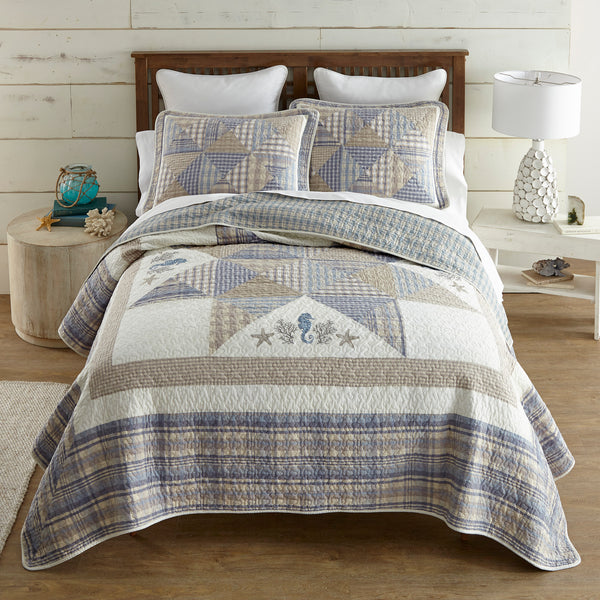 Coastal Star Twin Quilt Set featuring blue plaid patchwork, embroidered coastal motifs, and reversible cotton bedding