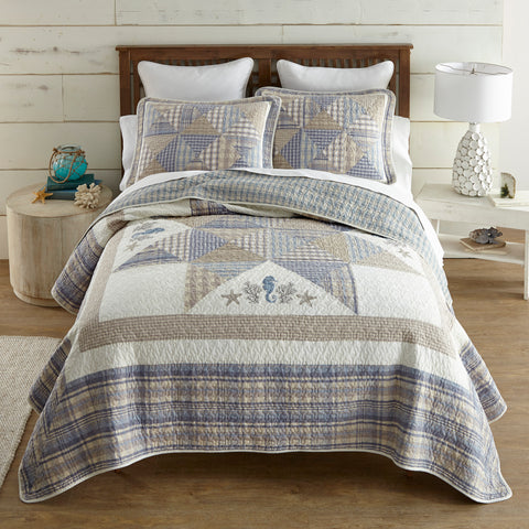Coastal Star Twin Quilt Set featuring blue plaid patchwork, embroidered coastal motifs, and reversible cotton bedding
