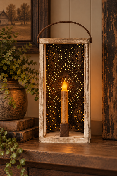 Wood & Punched Tin Candle Lantern – White