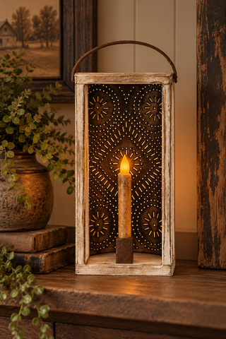 Wood & Punched Tin Candle Lantern – White