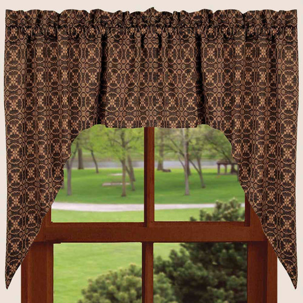 Marshfield Jacquard Black Swag 72x36 set of 2. Woven black and tan jacquard fabric adds primitive, colonial, and farmhouse charm to your windows.