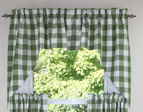 Clearance Save 10% All Sales Final Buffalo Check Sage Swag - Clearance Perfect for farmhouse to traditional decor. The buffalo check sage swag adds a soft touch to any window. Made of 100% cotton and fully lined. Measures 72" x 36". Sold as a pair. Dry clean. Primitive Country Farmhouse Home Decor. 