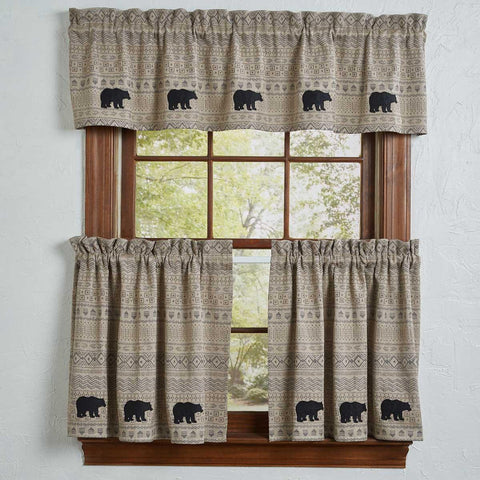 Give your window a modern rustic touch with the Signal Mountain Tiers! The tribal design, neutral colors, and bear accents provide a unique and stylish accent! Add the complementary kitchen linens and curtains for a complete look!