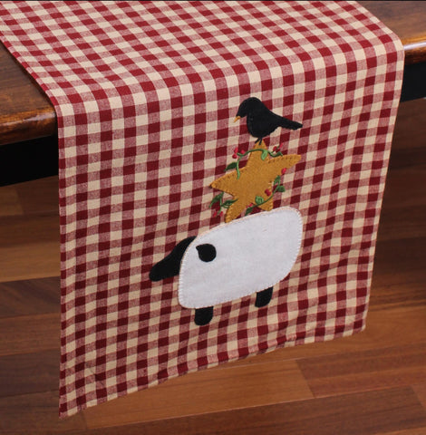 Country Stack Table Runner is made of cotton and measures 14" x 36". See website for free shipping offer. Primitive Country Farmhouse Home Decor.  