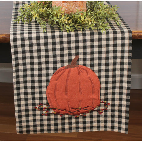 Primitive Pumpkin & Bittersweet Table Runner, black-and-cream check, 14"x36", cotton, fall farmhouse décor