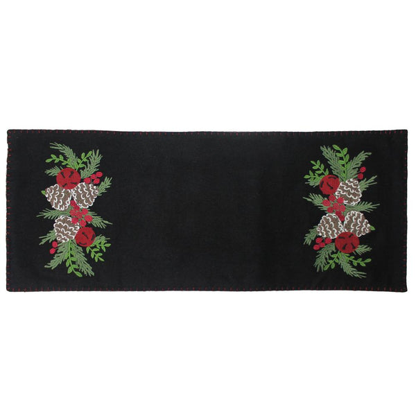 Pinecones & Bells Black Table Runner 14x36