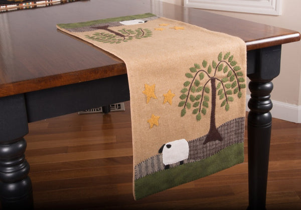 Sheep Willow Table Runner with primitive sheep and willow tree design in earthy tones