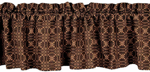 Marshfield Jacquard Black Valance 72x15.5 adds primitive farmhouse charm. Woven black and tan jacquard design enhances windows with rustic elegance.