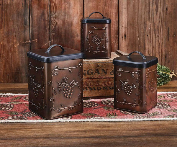Complement your decor with this rustic Valley Pine Canisters! Enhance the appeal of your dining room and coordinate with the complementary canisters, napkin and salt & pepper caddy, and bread box!