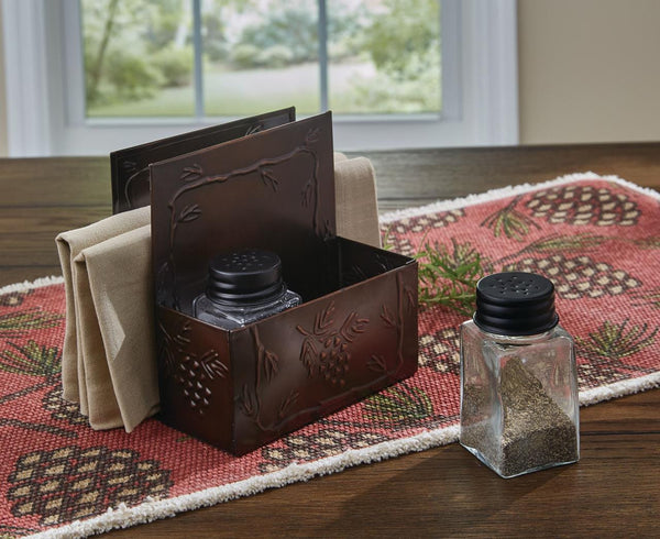 The Valley Pine Napkin and Salt & Pepper Caddy is the ideal caddy to add to your country decor! Stylish and functional! Coordinate with the complementary canisters, bread box, and charger!