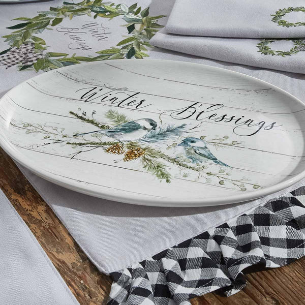 Bring the celebration and magic of the season to your kitchen decor with the Winter Blessings Platter! The dish depicts a gorgeous bird scene and features charming lettering! Sure to charm your guests!