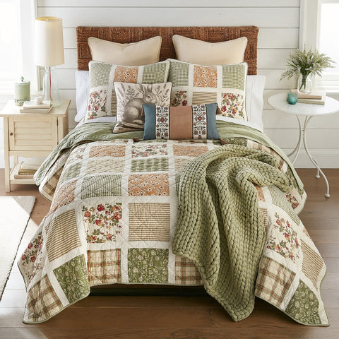 Peach Rose Bedding floral, gingham, ticking, and plaid patches meticulously arranged in a classic grid pattern. Enhanced with cream borders, the quilt set exudes a sense of cozy sophistication. With a palette of soothing hues including white, aloe, light cream, peach, rose, sage and taupe,