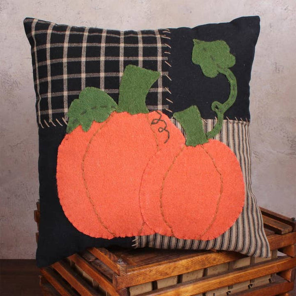 Pumpkin Patchwork Pillow, orange pumpkins on black and neutral patchwork, 14x14 farmhouse fall pillow