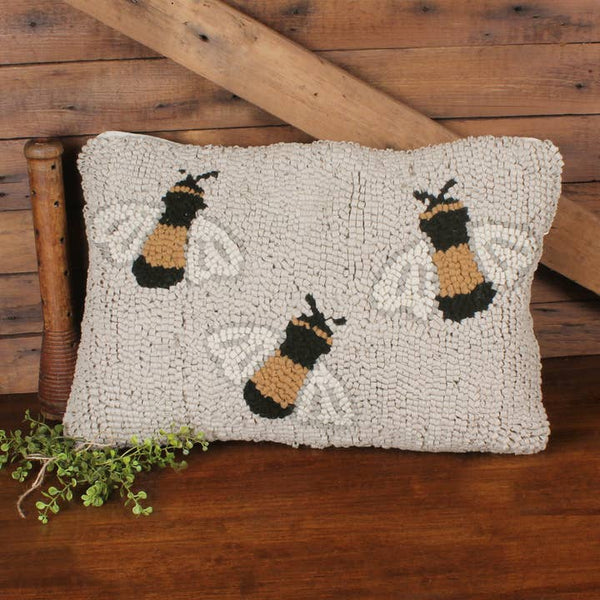 Three Bees Wool Hooked Pillow 14x20 | Primitive Country Decor