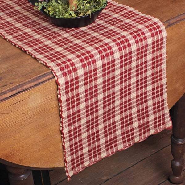 Appleton Barn Red plaid 14x36 cotton table runner in warm red and tan with fringed ends for country farmhouse decor